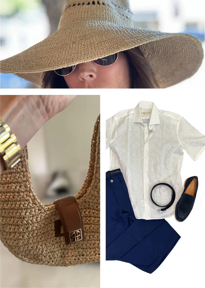 woman in a straw hat, a straw bag, outfit laid out with shirt, jeans, shoe, belt