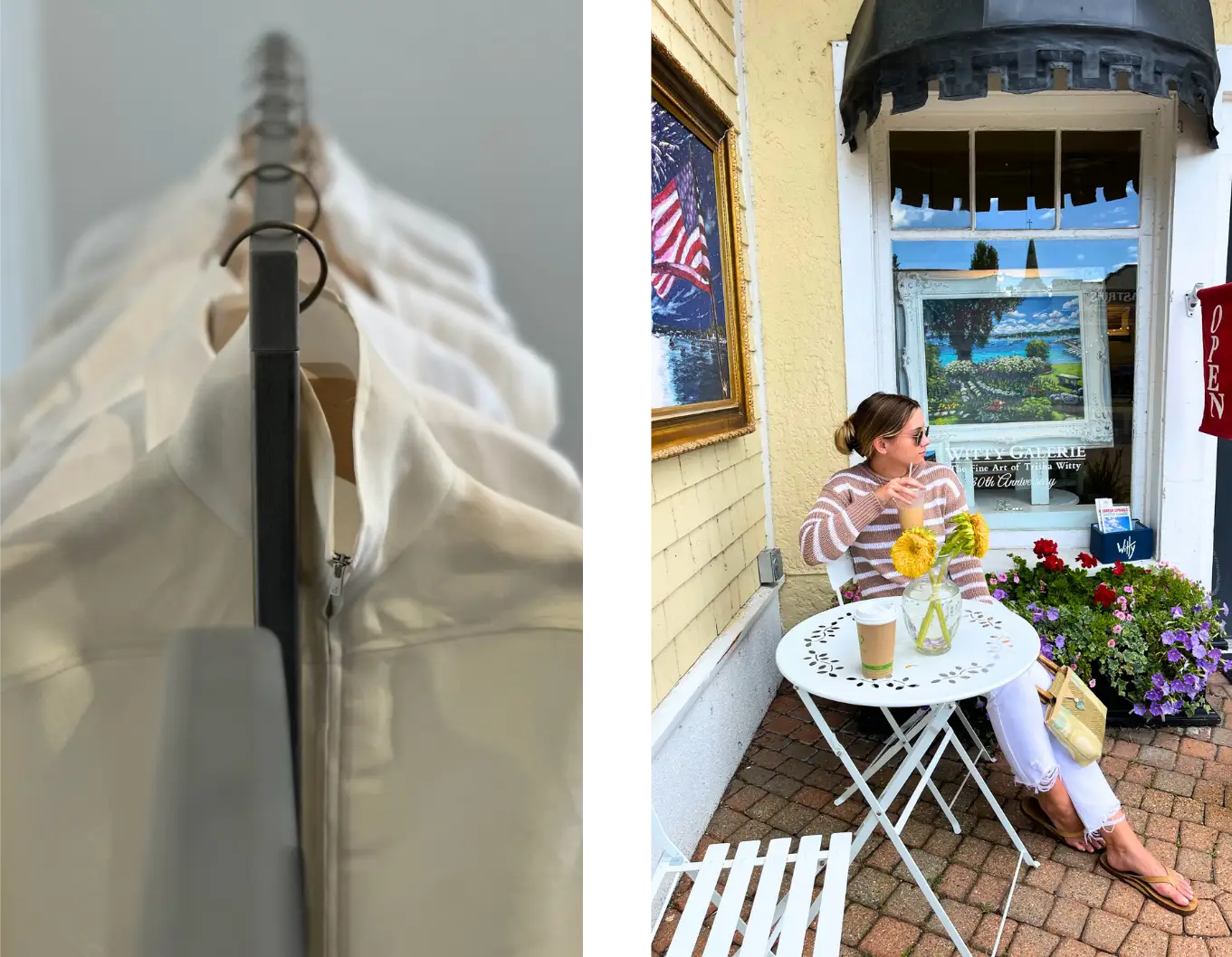 white zip-up jackets on a rack and a woman drinking coffee in front of a yellow building art gallery