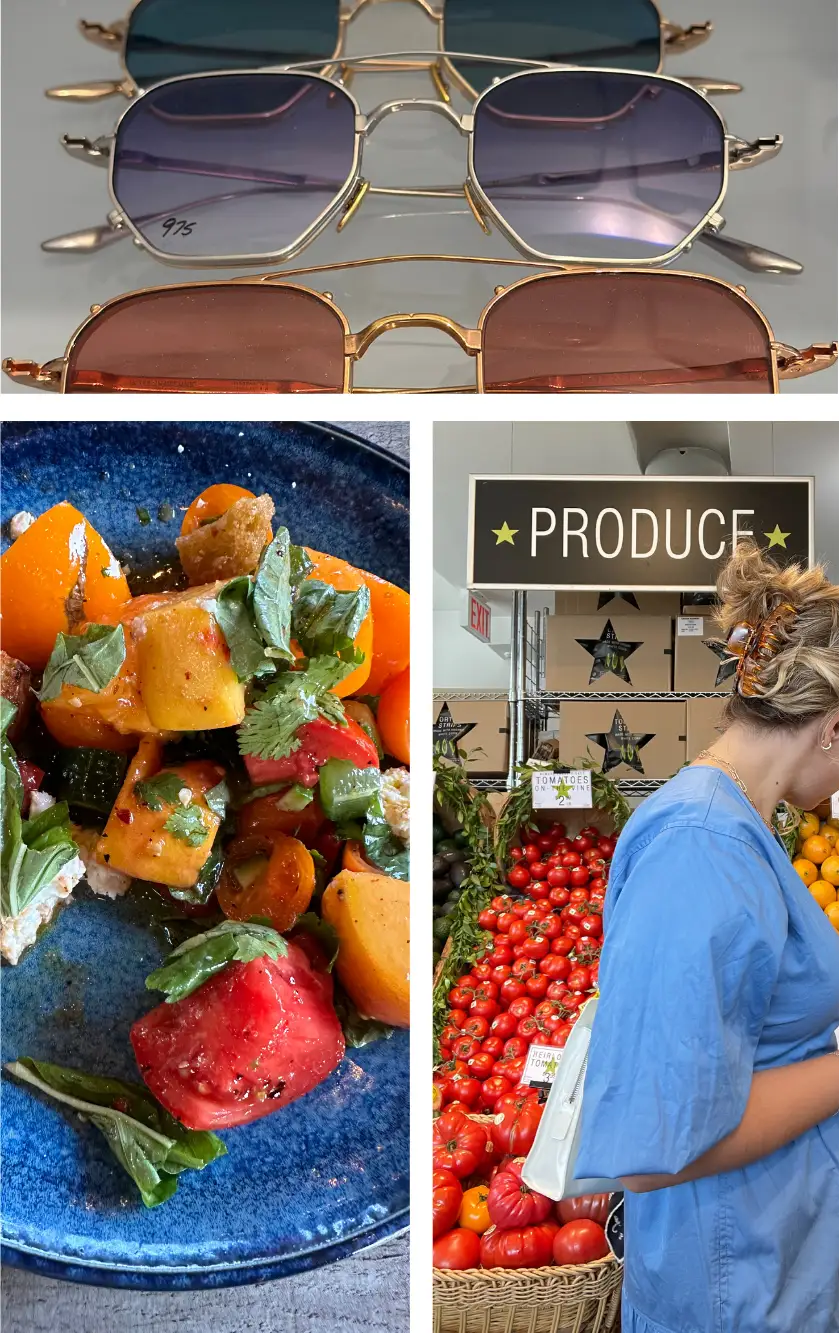 sunglasses, tomato salad, produce shopping