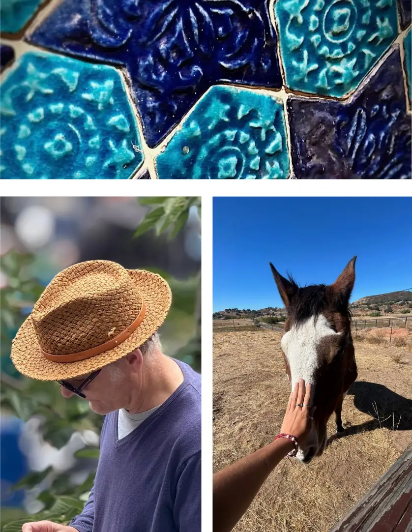closeup of pottery, man in straw hat, hand petting horse